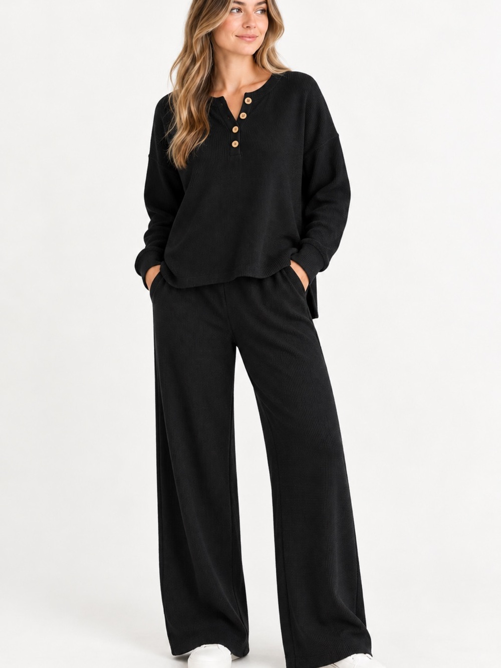 Lillusory Women’s M Black Knit 2 Piece Sweater Pants Matching Set